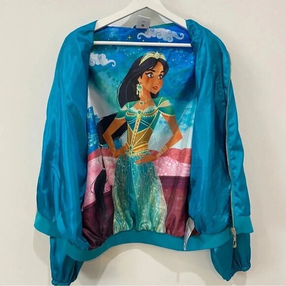 RARE Disney Princess Jasmine L Aladdin Satin Teal Blue Bomber Jacket Embroidered - Picture 2 of 16
